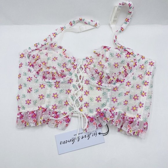 For Love And Lemons Floral Lace-Up Set - White and Pink - Picture 2 of 8